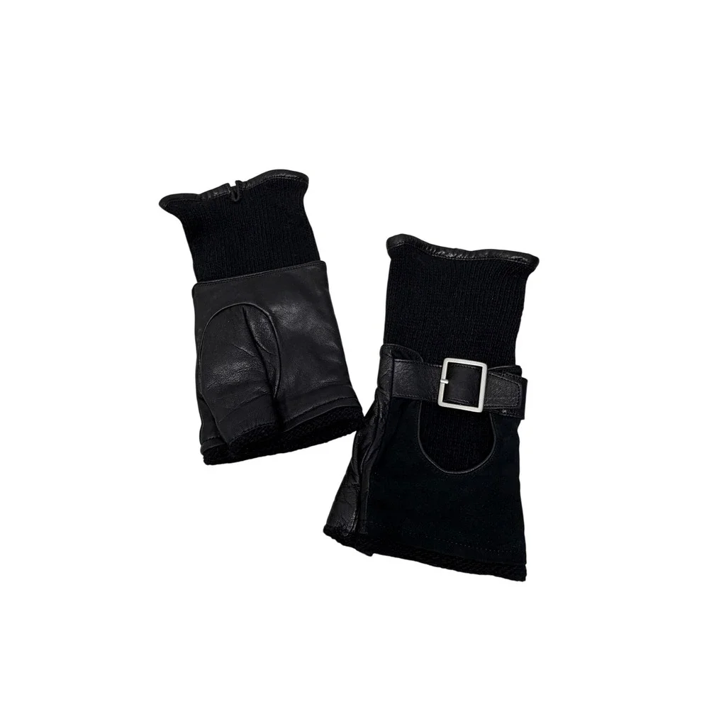 Carolina Amato Black Lambskin Leather Cashmere Wool Fingerless Buckle Gloves